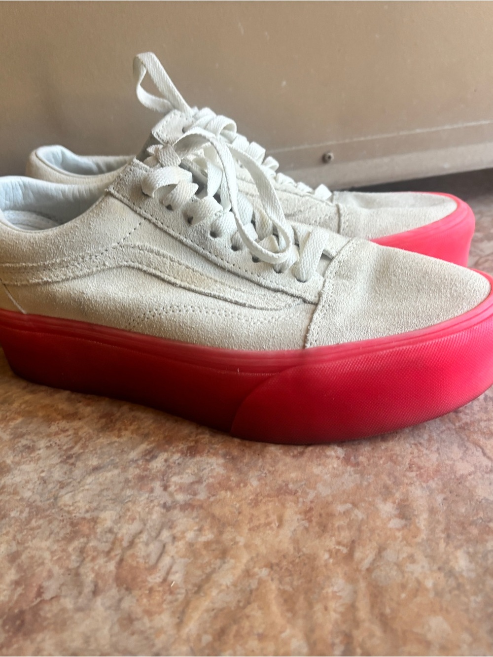 Vans Beige Suede Sneakers with Red Platform Sole
